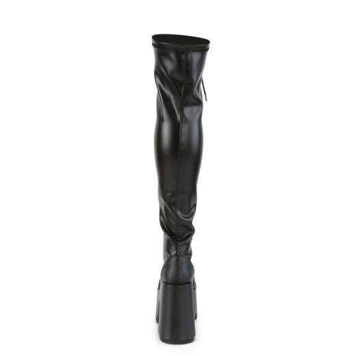 Product image of Demonia CAMEL-300 Black Stretch Vegan Faux Leather 5 inch (12.7 cm) Chunky Heel 3 inch (7.6 cm) Platform Lace-Up Thigh-High Boot Outside Zip
