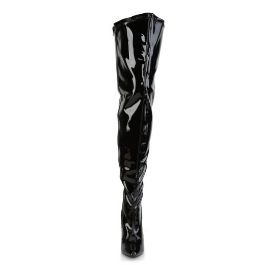 Product image of Pleaser Pink Label SEDUCE-3000WC Black Stretch Patent 5 inch (12.7 cm) Heel Stretch Wide Calf Thigh Boot Side Zip Thigh High Boot