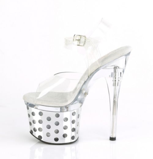 Product image of Pleaser DISCOLITE-708DOTS Clear/Silver Chrome 7 inch (17.8 cm) Heel 3 inch (7.6 cm) Platform Led Illuminated Ankle Strap Sandal