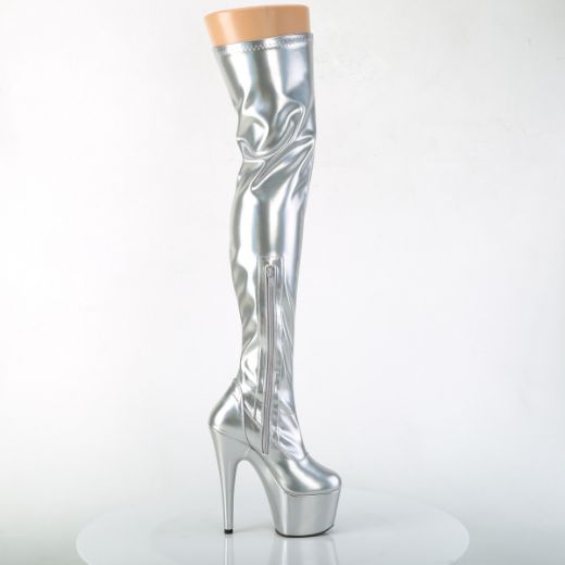 Product image of Pleaser ADORE-3000HWR Silver Stretch Holographic/Silver Holographic 7 inch (17.8 cm) Heel 2 3/4 inch (7 cm) Platform Stretch Thigh Boot Side Zip Thigh High Boot