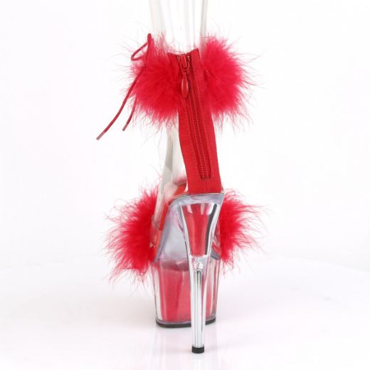 Product image of Pleaser ADORE-724F Clear-Red Faux Fur/Red Faux Fur 7 inch (17.8 cm) Heel 2 3/4 inch (7 cm) Platform Faux Feathers Faux Fur Ankle Cuff Sandal Back Zip