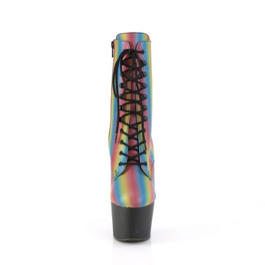 Product image of Pleaser ADORE-1020REFL-02 Rainbow Reflective/Black Matte 7 inch (17.8 cm) Heel 2 3/4 inch (7 cm) Platform Lace-Up Front Ankle Boot Side Zip