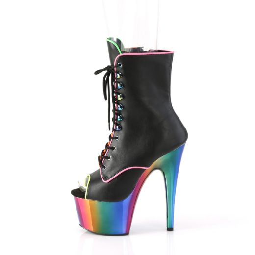 Product image of Pleaser ADORE-1021RC-02 Black Faux Leather/Rainbow Chrome 7 inch (17.8 cm) Heel 2 3/4 inch (7 cm) Platform Peep Toe Lace-Up Ankle Boot Side Zip