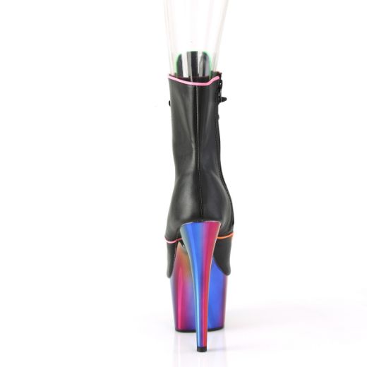 Product image of Pleaser ADORE-1021RC-02 Black Faux Leather/Rainbow Chrome 7 inch (17.8 cm) Heel 2 3/4 inch (7 cm) Platform Peep Toe Lace-Up Ankle Boot Side Zip