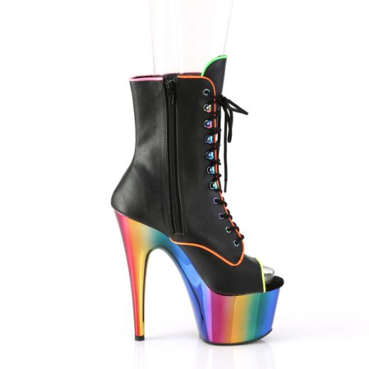Product image of Pleaser ADORE-1021RC-02 Black Faux Leather/Rainbow Chrome 7 inch (17.8 cm) Heel 2 3/4 inch (7 cm) Platform Peep Toe Lace-Up Ankle Boot Side Zip