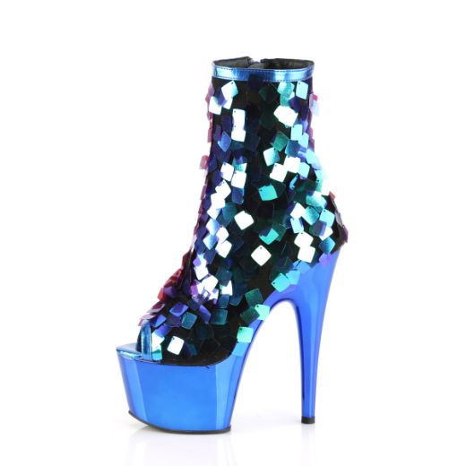 Product image of Pleaser ADORE-1031SSQ Iri.Green Sequins-R.Blue Metpu/R.Bluechrome 7 inch (17.8 cm) Heel 2 3/4 inch (7 cm) Platform Open Toe Ankle Boot Side Zip