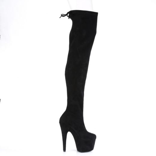 Product image of Pleaser ADORE-3008 Black Stretch Faux Suede/Black Faux Suede 7 inch (17.8 cm) Heel 2 3/4 inch (7 cm) Platform Stretch Pull-On Thigh High Boot