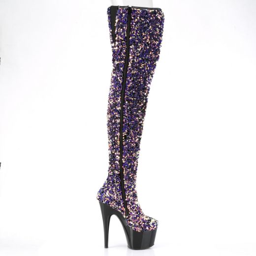 Product image of Pleaser ADORE-3020 Purple Multicolour Sequins/Black 7 inch (17.8 cm) Heel 2 3/4 inch (7 cm) Platform Sequins Thigh High Boot Inside Zip