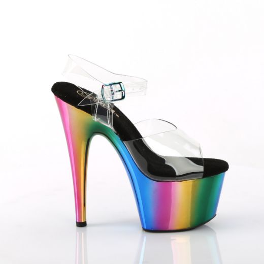 Product image of Pleaser ADORE-708RC Clear/Rainbow Chrome 7 inch (17.8 cm) Heel 2 3/4 inch (7 cm) Chrome Plated Platform Ankle Strap Sandal Shoes
