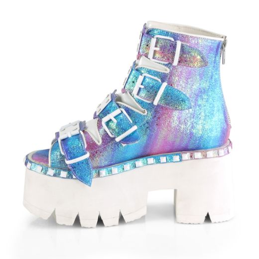 Product image of Demonia ASHES-70 Purple Multicolour Iridescent V Faux Leather 3 1/2 inch (9 cm) Chunky Heel 2 1/4 inch Platform Ankle Boot Back Metal Zip