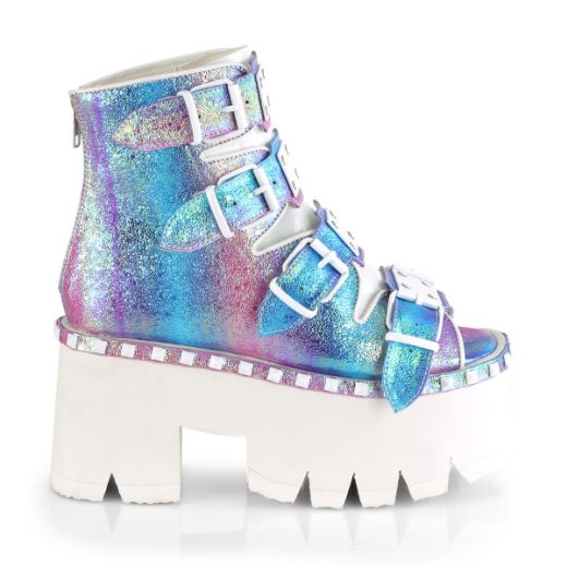 Product image of Demonia ASHES-70 Purple Multicolour Iridescent V Faux Leather 3 1/2 inch (9 cm) Chunky Heel 2 1/4 inch Platform Ankle Boot Back Metal Zip