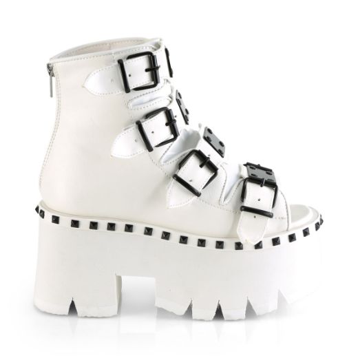 Product image of Demonia ASHES-70 White Vegan Faux Leather 3 1/2 inch (90 cm) Chunky Heel 2 1/4 inch Platform Ankle Boot Back Metal Zip