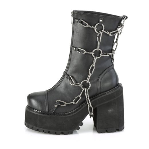 Product image of Demonia ASSAULT-66 Black Vegan Faux Leather 4 3/4 inch (12.1 cm) Heel 2 1/4 inch (5.7 cm) Platform Ankle Boot Front Zip