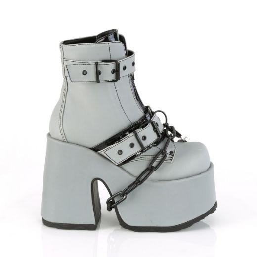 Product image of Demonia CAMEL-205 Grey Reflective Vegan Faux Leather 5 inch (12.7 cm) Chunky Heel 3 inch (7.5 cm) P/F Lace-Up Ankle Boot Front Metal Zip