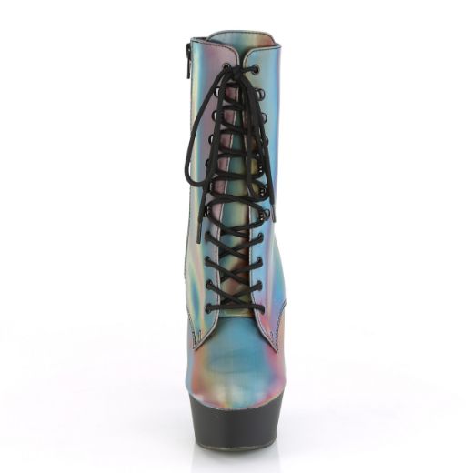 Product image of Pleaser DELIGHT-1020REFL Rainbow Reflective/Black Matte 6 inch (15.2 cm) Heel 1 3/4 inch (4.5 cm) Platform Lace-Up Front Ankle Boot Side Zip