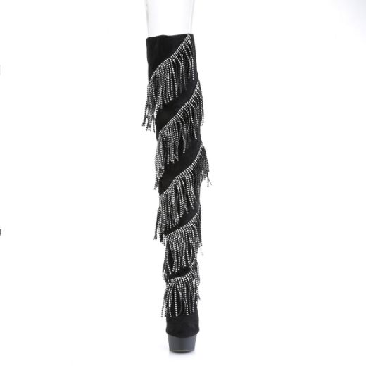 Product image of Pleaser DELIGHT-3065 Black Faux Suede-Silver/Black Matte 6 inch (15.2 cm) Heel 1 3/4 inch (4.5 cm) Platform Thigh Boot With Rhinestones Fringe Inside Zip Thigh High Boot
