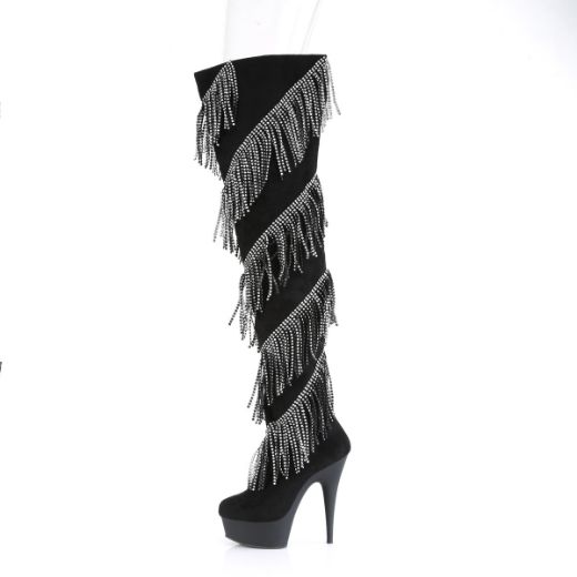 Product image of Pleaser DELIGHT-3065 Black Faux Suede-Silver/Black Matte 6 inch (15.2 cm) Heel 1 3/4 inch (4.5 cm) Platform Thigh Boot With Rhinestones Fringe Inside Zip Thigh High Boot