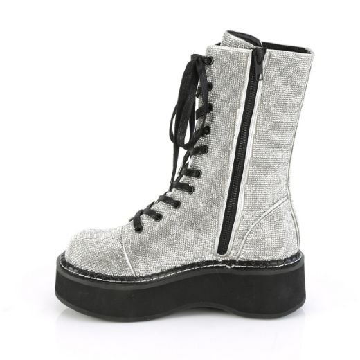 Product image of Demonia EMILY-362 Silver Vegan Faux Leather-Rhinstone 2 inch Platform Calf High Lace-Up Boot With  Zip Pocket Metal Side Zip