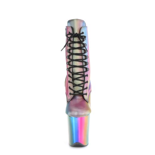 Product image of Pleaser FLAMINGO-1020RC-REFL Rainbow Reflective/Rainbow Chrome 8 inch (20 cm) Heel 4 inch (10 cm) Chromed Platform Lace-Up Ankle Boot Side Zip