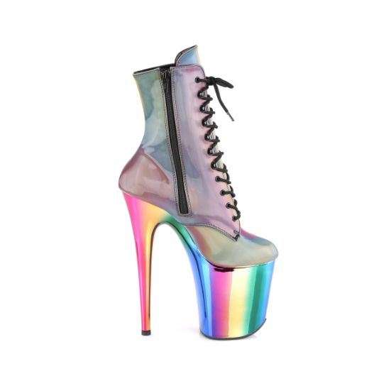 Product image of Pleaser FLAMINGO-1020RC-REFL Rainbow Reflective/Rainbow Chrome 8 inch (20 cm) Heel 4 inch (10 cm) Chromed Platform Lace-Up Ankle Boot Side Zip