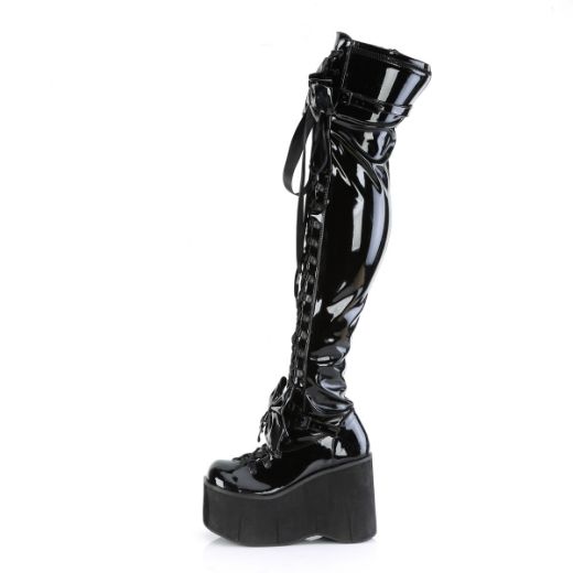 Product image of Demonia KERA-303 Black Stretch Patent 4 1/2 inch Wedge Platform Lace-Up Stretch Thigh Boot Side Zip