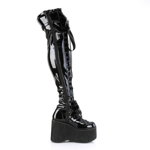 Product image of Demonia KERA-303 Black Stretch Patent 4 1/2 inch Wedge Platform Lace-Up Stretch Thigh Boot Side Zip