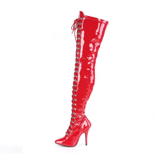 Product image of Pleaser SEDUCE-3024 Red Patent 5 inch (12.7 cm) Heel D-Ring Stretch Thigh Boot Side Zip Thigh High Boot