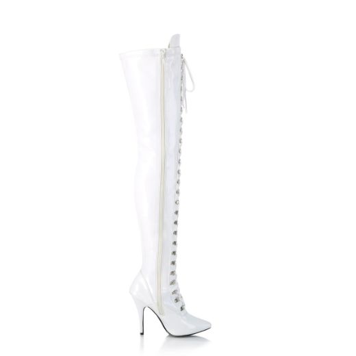 Product image of Pleaser SEDUCE-3024 White Patent 5 inch (12.7 cm) Heel D-Ring Stretch Thigh Boot Side Zip Thigh High Boot