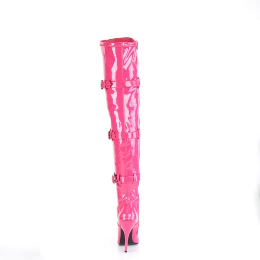 Product image of Pleaser SEDUCE-3028 Hot Pink Stretch Patent 5 inch (12.7 cm) Heel Lace-Up Triple Buckles Straps Thigh Boot Side Zip Thigh High Boot