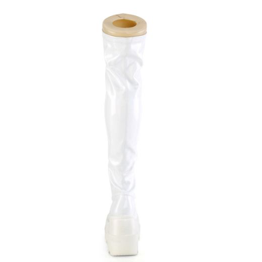 Product image of Demonia SHAKER-374 White Holographic Stretch Patent 4 1/2 inch Wedge Platform Lace-Up Thigh-High Boot Outside Zip