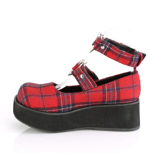 Product image of Demonia SPRITE-02 Red Plaid Fabric 2 1/4 inch Platform Mary Jane With  Hearts O-Ring & Studs Detail