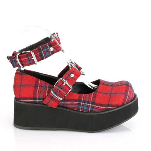 Product image of Demonia SPRITE-02 Red Plaid Fabric 2 1/4 inch Platform Mary Jane With  Hearts O-Ring & Studs Detail