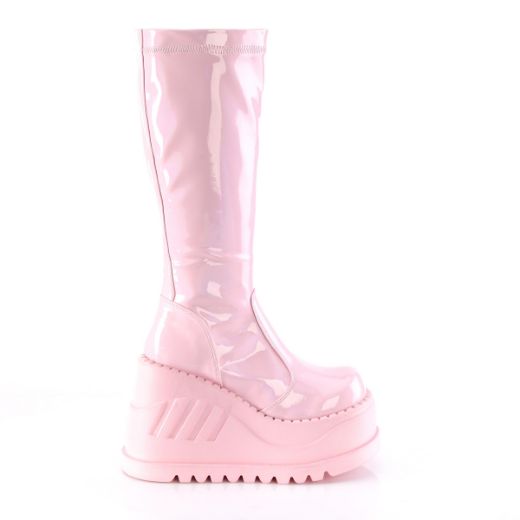 Product image of Demonia STOMP-200 Baby Pink Holographic Stretch Patent 4 3/4 inch Wedge Platform Stretch Knee High Boot Back Zip