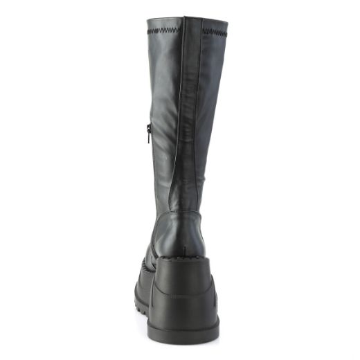 Product image of Demonia STOMP-200 Black Stretch Vegan Faux Leather 4 3/4 inch Wedge Platform Stretch Knee High Boot Back Zip