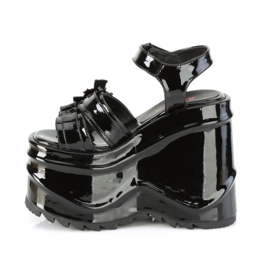 Product image of Demonia WAVE-13 Black Patent 6 inch (15.2 cm) Wedge Platform Hook & Loop Ankle Strap Sandal