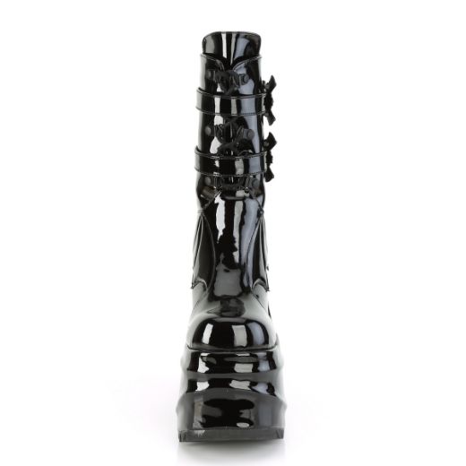 Product image of Demonia WAVE-150 Black Patent 6 inch (15.2 cm) Wedge Platform Lace-Up Mid-Calf Boot Back Metal Zip