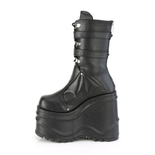 Product image of Demonia WAVE-150 Black Vegan Faux Leather 6 inch (15.2 cm) Wedge Platform Lace-Up Mid-Calf Boot Back Metal Zip