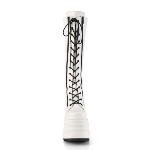 Product image of Demonia WAVE-200 White Vegan Faux Leather 6 inch Wedge Platform Lace-Up Knee High Boot Back Metal Zip