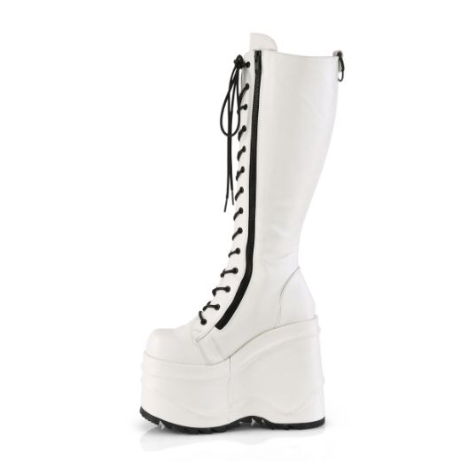 Product image of Demonia WAVE-200 White Vegan Faux Leather 6 inch Wedge Platform Lace-Up Knee High Boot Back Metal Zip