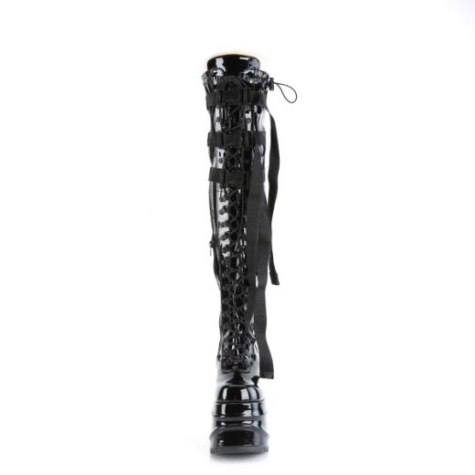 Product image of Demonia WAVE-315 Black Stretch Patent 6 inch (15.2 cm) Wedge Platform Lace-Up Stretch Thigh Boot Side Zip