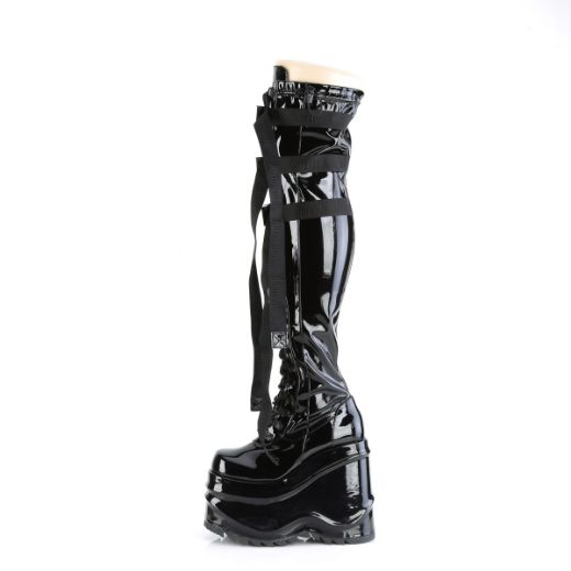 Product image of Demonia WAVE-315 Black Stretch Patent 6 inch (15.2 cm) Wedge Platform Lace-Up Stretch Thigh Boot Side Zip
