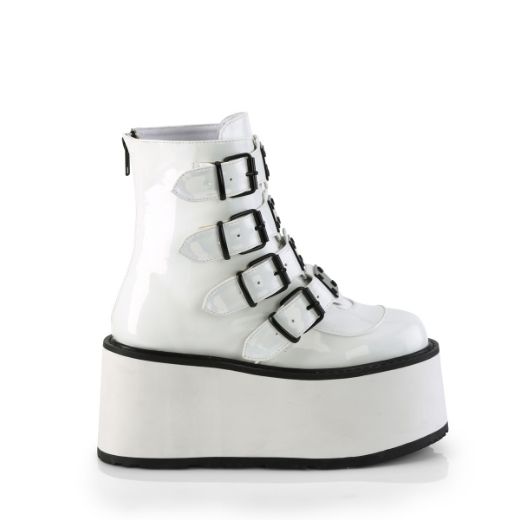 Product image of Demonia DAMNED-105 Wht Holo Pat 3 1/2 Inch PF Ankle Bootw/ 4 Buckle Straps Back MetalZip