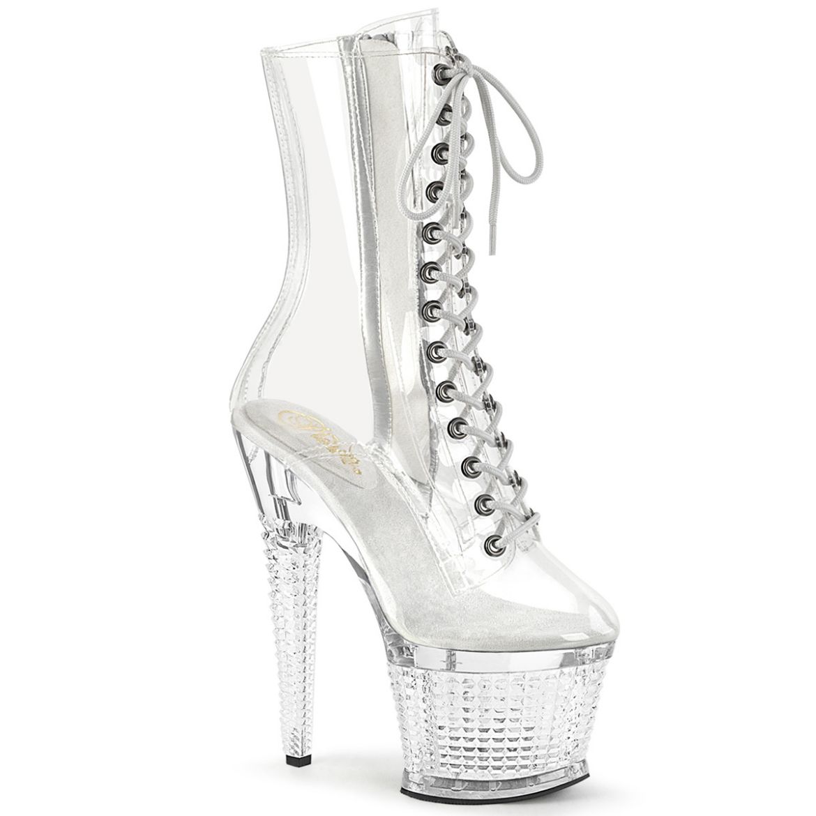 Product image of Pleaser SPECTATOR-1040C Clr/Clr 7 Inch Heel 3 Inch Textured PF Lace-Up Front Ankle Boot Side Zip