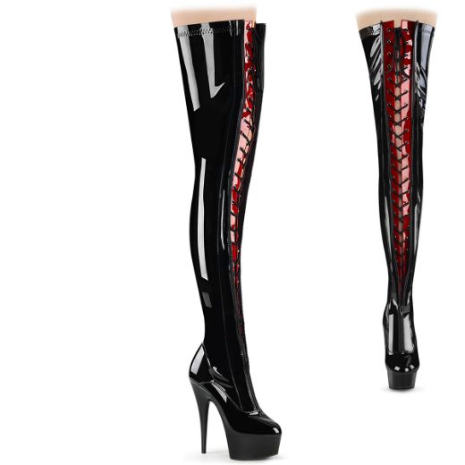 Product image of Pleaser DELIGHT-3027 Blk-Red Str. Pat/Blk 6 Inch Heel 1 3/4 Inch PF Two Tone Thigh High Boot Front Zip