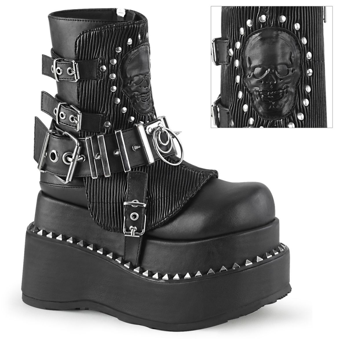 Product image of Demonia BEAR-150 Blk Vegan Leather 4 1/2 Inch Tiered PF Lace-Up Ankle Boot Side Zip