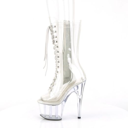 Product image of Pleaser ADORE-1050C Clr/Clr 7 Inch Heel 2 3/4 Inch PF Lace-Up Front Mid Calf Boot Side Zip