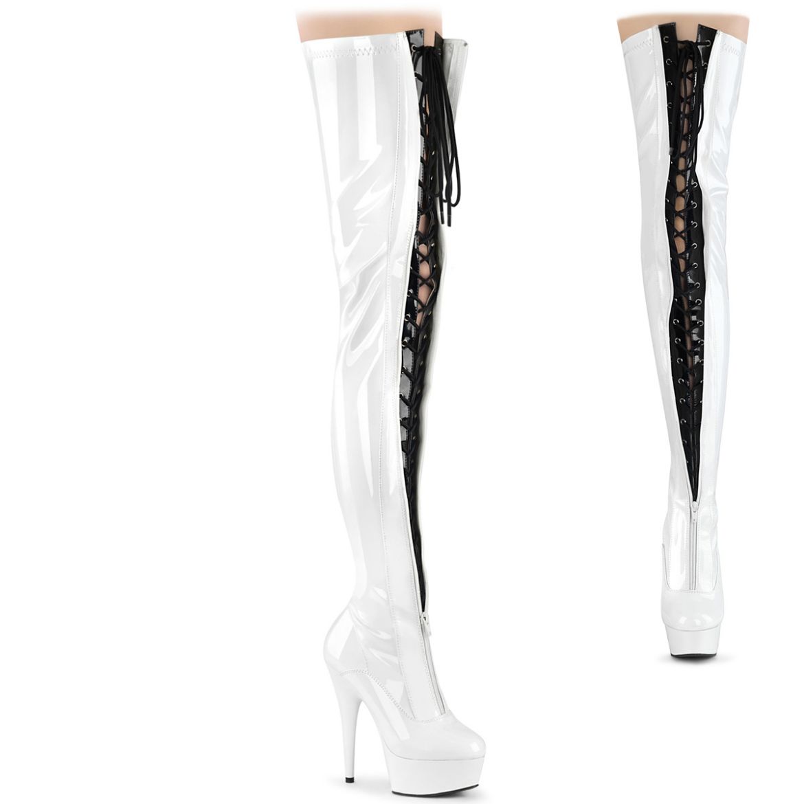 Product image of Pleaser DELIGHT-3027 Wht-Blk Str. Pat/Wht 6 Inch Heel 1 3/4 Inch PF Two Tone Thigh High Boot Front Zip