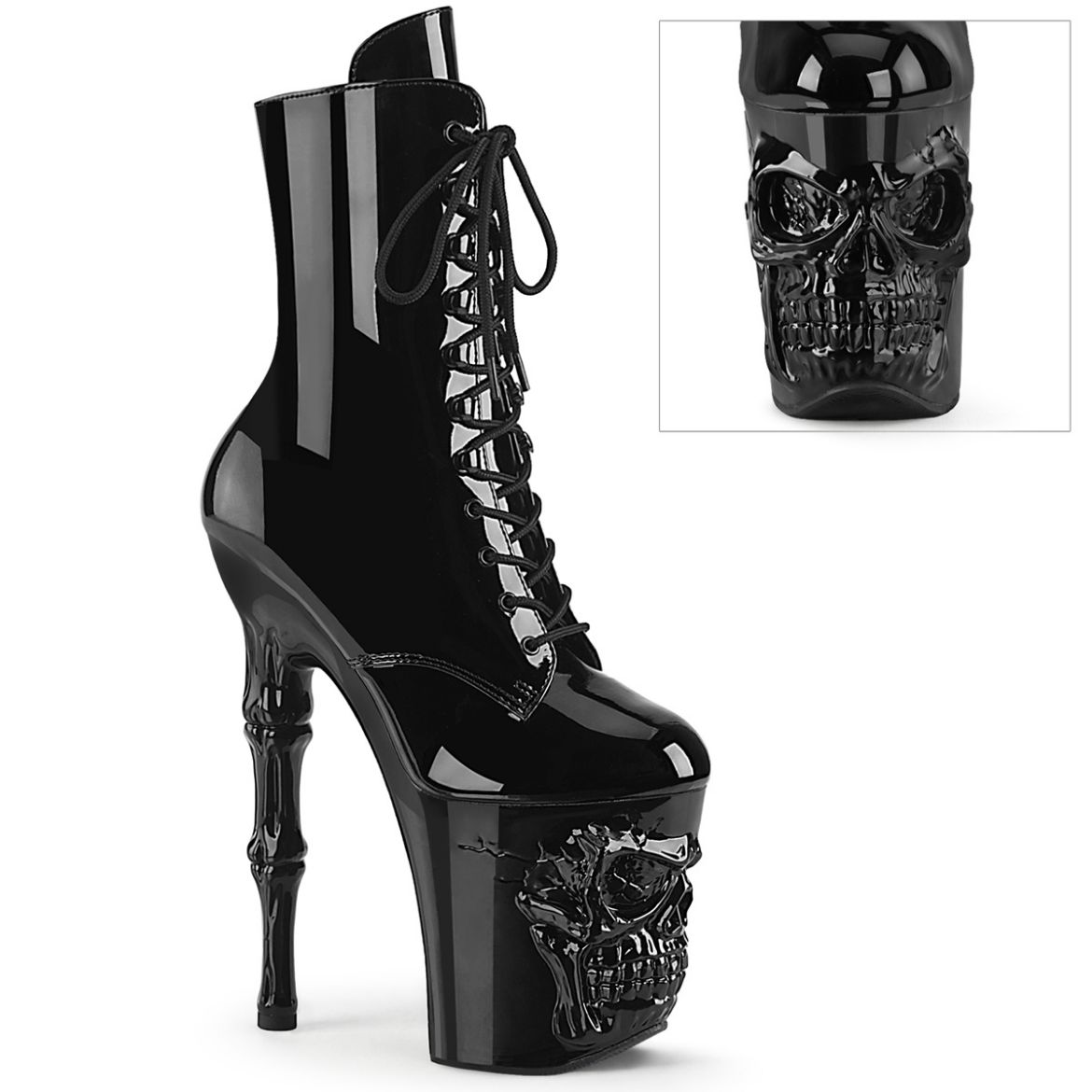Product image of Pleaser RAPTURE-1020 Blk Pat/Blk 8 Inch Finger Bone Heel 4 Inch Skull PF Ankle Boot Inside Zip