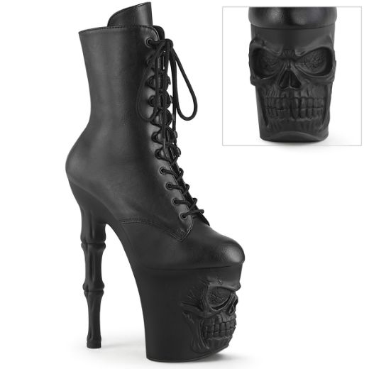 Product image of Pleaser RAPTURE-1020 Blk Faux Leather/Blk Matte 8 Inch Finger Bone Heel 4 Inch Skull PF Ankle Boot Inside Zip