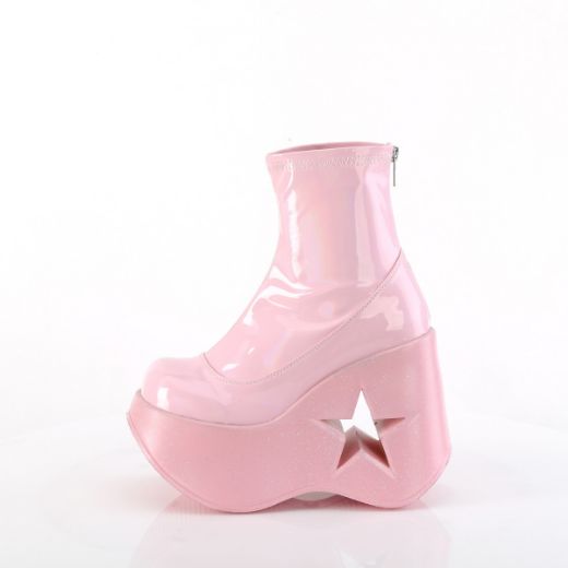 Product image of Demonia DYNAMITE-100 B. Pink Stretch Holo 5 Inch Star Cutout Platform Wedge Ankle Boot Back Zip